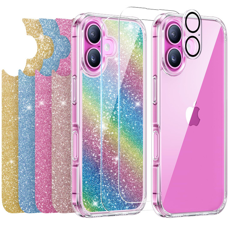 Meifigno Clear Case Designed for iPhone 16 Plus, with 5X Glitter Card, 2X HD Clear Screen Protector and 1X Camera Lens Protector, Anti-Yellowing Slim