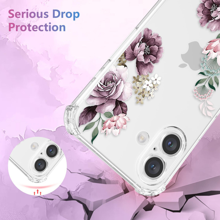 DEFBSC Soft Case Compatible with iPhone 16 Plus, Clear Floral Flower Pattern Print Design Flexible TPU Shockproof Cover for Women Girls, Flower Prote