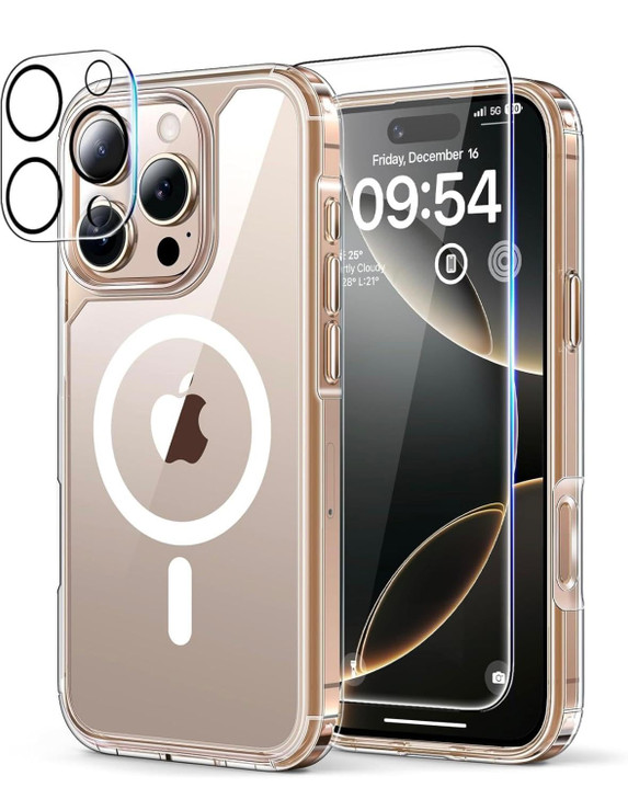 Made Easy 3 in 1 for iPhone 16 Pro Clear Case, with One Screen Protector, and One Camera Lens Protector, Magnetic Case Compatible with MagSafe for iP