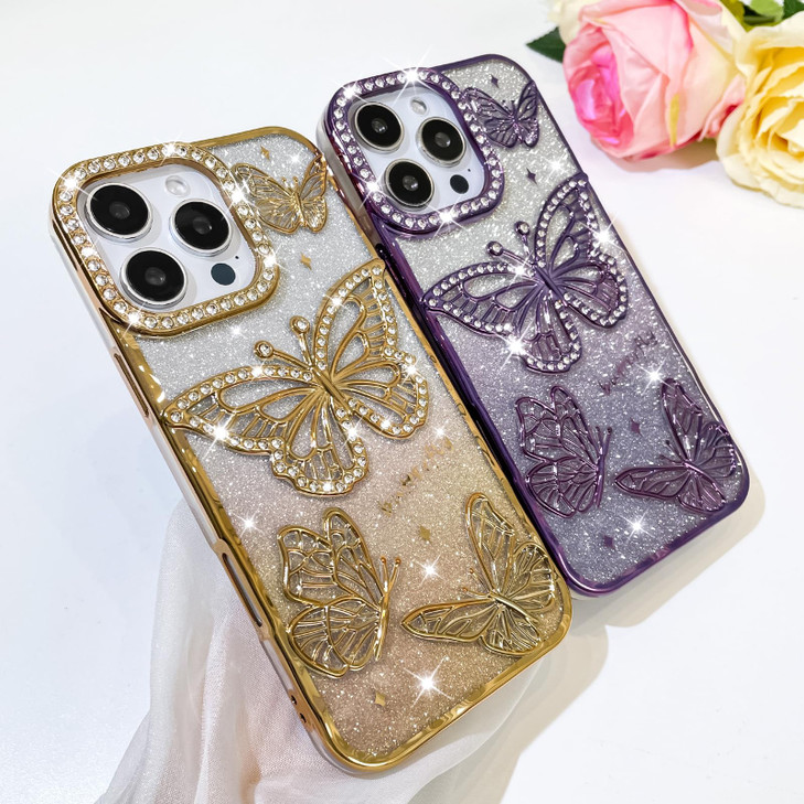 Bonoma Glitter Case for iPhone 16 Pro Max, Cute 3D Butterfly Pattern Plating Bling Case,Camera Protection Sparkly Slim Soft Back Cover for Women Girl