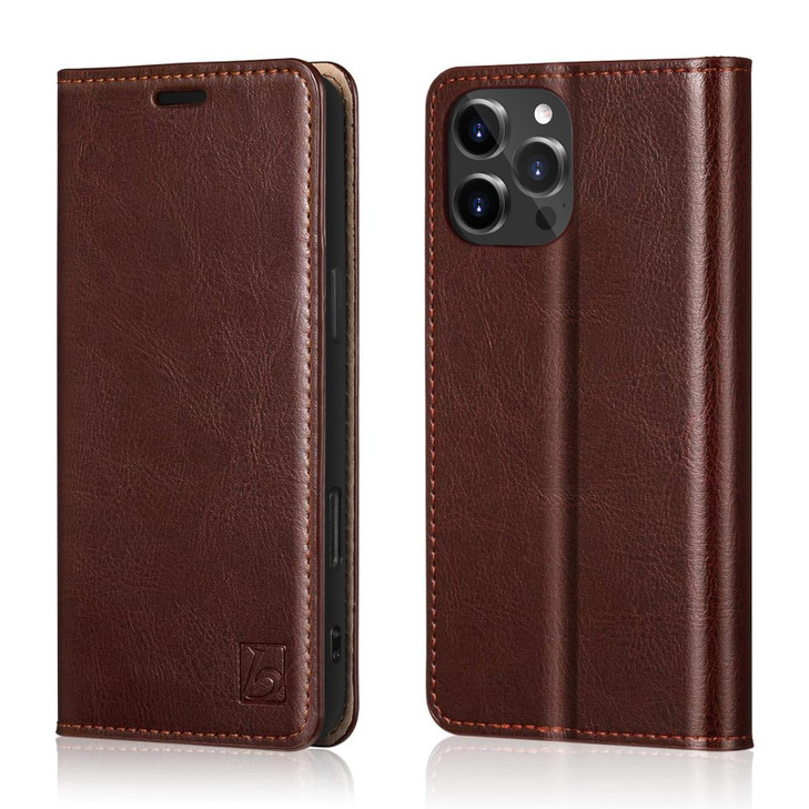 Belemay Compatible with iPhone 16 Pro Case Wallet, Durable Genuine Leather, RFID Blocking Card Holders, Shockproof TPU Shell, Kickstand, Drop Protect