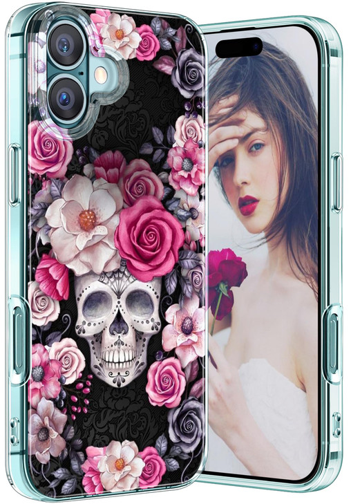 Slim Case for iPhone 16 Plus 5G Phone Case Women, Cute Mandala Skull Rose Flower Colorful Design, Soft Silicone TPU Bumper Anti-Scratch Shockproof Pr