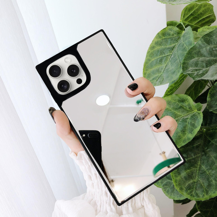 YTanazing for iPhone 16 Pro Mirror Case Rectangle for Women Girls Makeup,Luxury Glass Glossy Mirror Back Shockproof Hard Case with Soft Silicone Bump