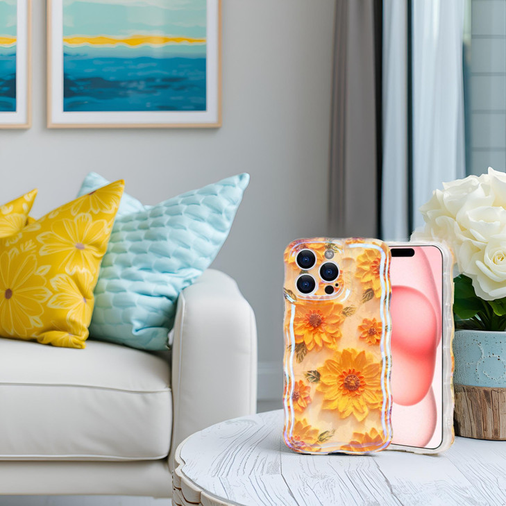 IDweel Case for iPhone 16 Pro Max, Luxury Colorful Retro Oil Painting Printed Flower Glossy Pattern Cute Curly Wave Edge Exquisite Phone Cover Stylis