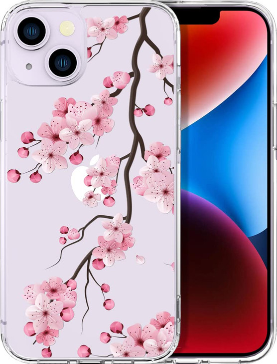 ENDIY Compatible with iPhone 14 Case Flower for Women Girls Girly Cute Phone Protector Clear with Design Cool Protective,Sakura Pink Peach Cherry Blo