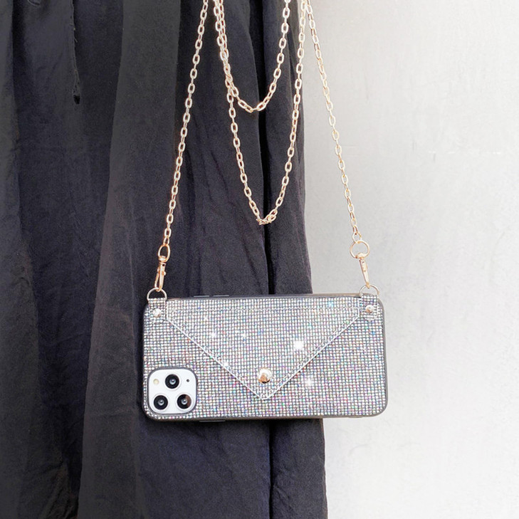 Omorro for iPhone 16 Pro Bling Case, Glitter Diamond Sequins Case Small Credit Card Cash Holder Wallet Case with Shiny Crossbody Chain Hard Back Prot