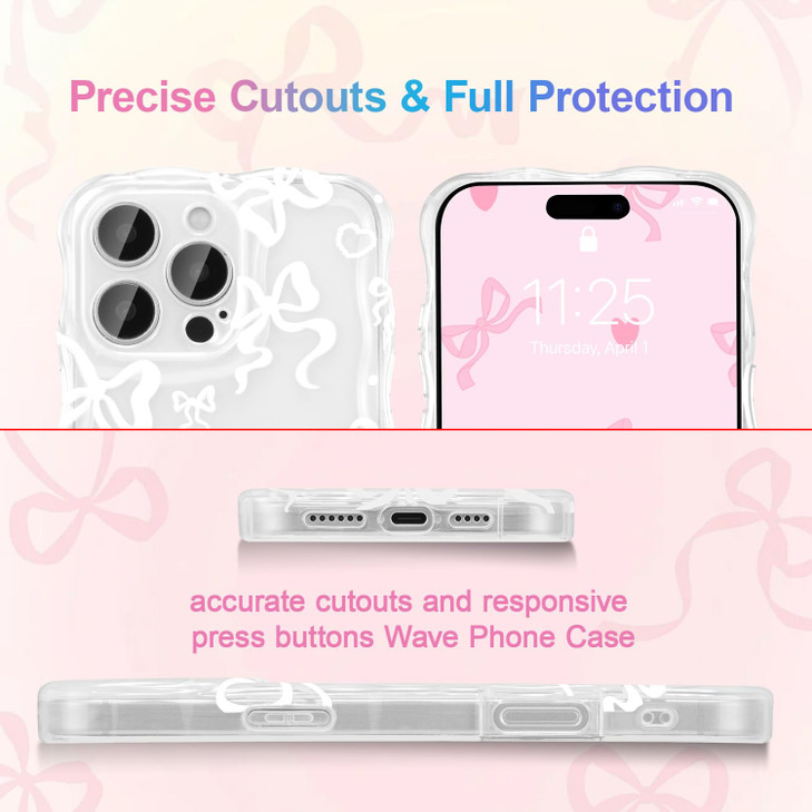 UEEBAI Cute Heart Bow Case for iPhone 16 Pro 6.3 inch, Wave Ribbon Bows Phone Case Pretty Aesthetic Cover Cute Clear Shell Soft Bownot Phone Cover fo