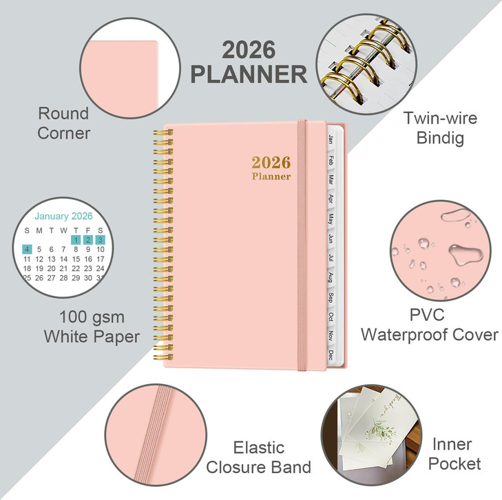 2026 Planner - Weekly and Monthly Calendar Planner from Jan 2026 - Dec 2026, Planner 2026 Spiral Bound with 12 Monthly Tabs, Inner Pocket, Perfect fo