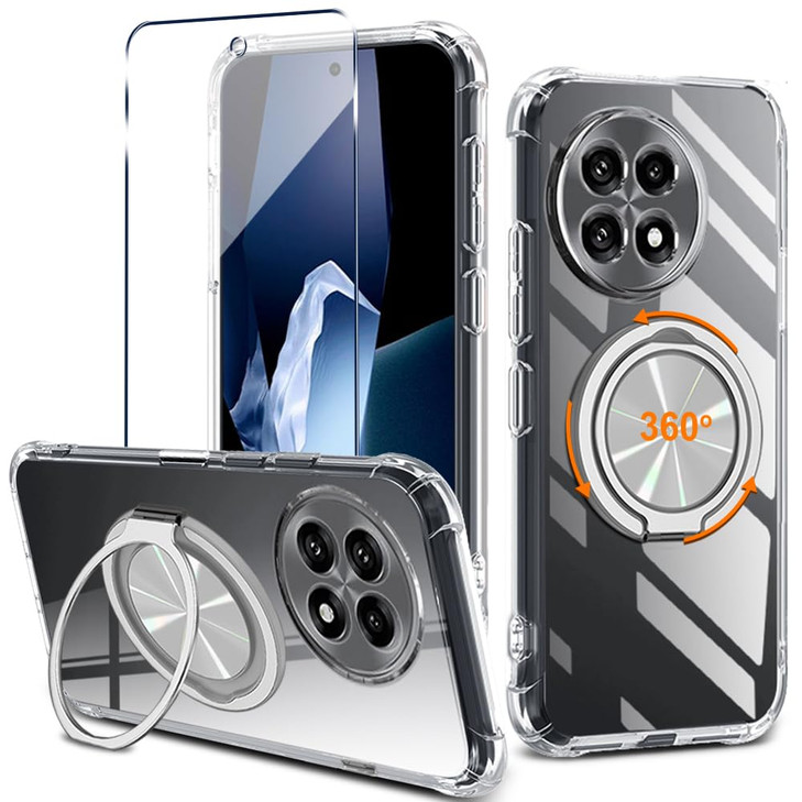 Compatible for OnePlus 13R 5G 2025 Phone Case with Glass Screen Protector 360° Rotatable Ring Holder Kickstand [Non Yellowing] Transparent 4 Corners