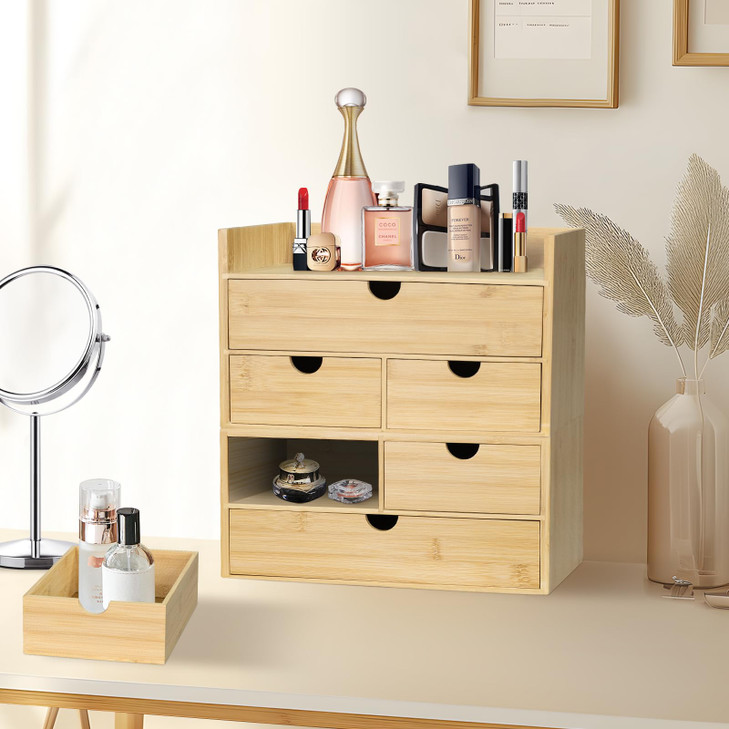 SeekElegant Bamboo Desk Organizer, Desktop Organizer with 3 Drawer, Tabletop Storage Organization Box for Bills, Countertop, Home Office Supplies