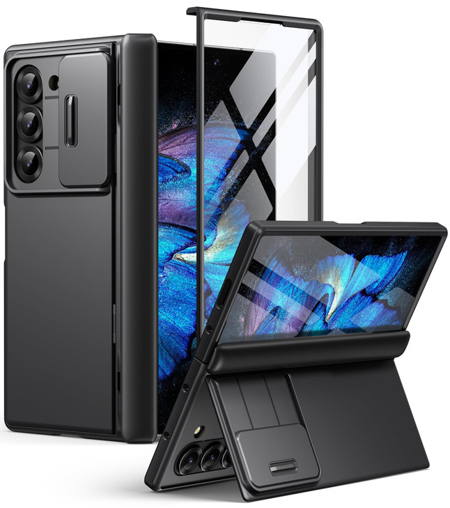 BERFY for Z Fold 6 Case with 9H Tempered Screen Protector, Hinge Protection, Slide Camera Cover, Hidden Kickstand, Full Body Shockproof Slim Phone Ca