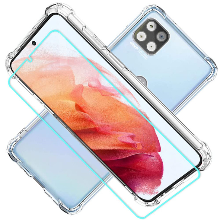 for Motorola One 5G Ace Phone Case with Screen Protector, Transparent Shockproof Clear Slim Color Soft TPU Protection Cover Cases for Motorola One 5G