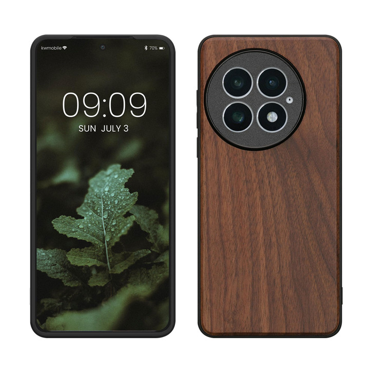 kwmobile Real Wood Case Compatible with OnePlus 13 Case - Hard Wooden Cover w/TPU Bumper - Dark Brown