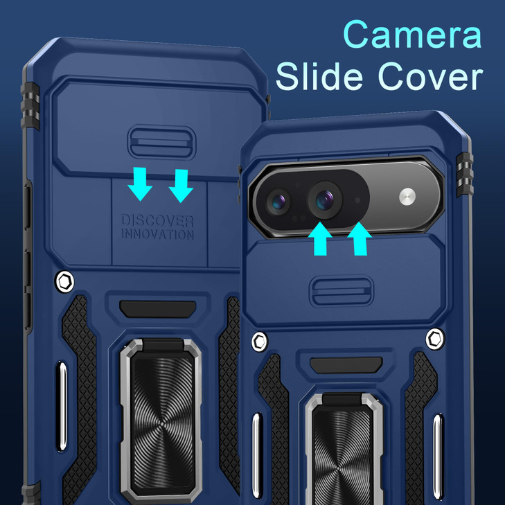 DEERLAMN Case for Google Pixel 9/9 Pro with Slide Camera Cover+Screen Protector(1 Pack), Rotated Ring Kickstand Military Grade Shockproof Protective
