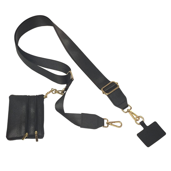 STOMKIRE Clip And Go Strap for Phone with Wallet Crossbody Phone Strap with Zippered Pouch for Women Black