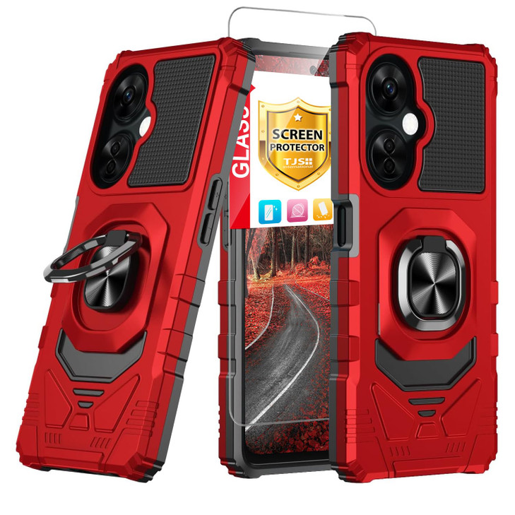 TJS Compatible for OnePlus Nord N30 5G Case, with Tempered Glass Screen Protector, Metal Ring Magnetic Support Kickstand Heavy Duty Drop Protection C