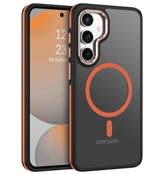 VENINGO Galaxy S24 FE Case,Magnetic Matte Translucent Anti Slip Anti-Fingerprint Bumper Phone Case Cover for Samsung Galaxy S24 FE 2024,Black/Orange