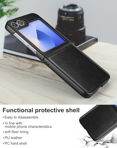 Foluu for Samsung Galaxy Z Flip 6 5G Case, Galaxy Z Flip 6 Leather Case, PU Leather + Hard PC Shell Ultra Thin Slim Durable Protective Phone Case Cov