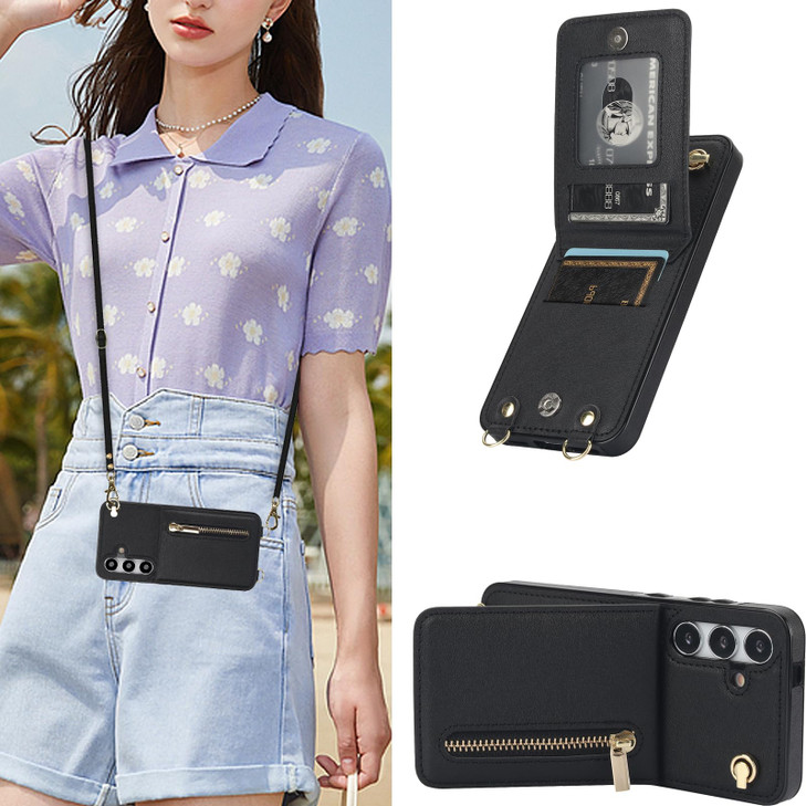 MRRSIWEI for Samsung Galaxy S24 FE (Not S24) Crossbody Wallet Case with Card Holder, PU Leather Removable Lanyard Zipper with Kickstand Case Cover fo