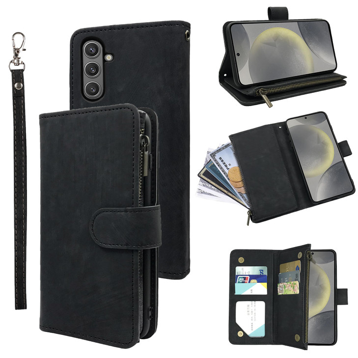 Dibosom Wallet Case for Samsung Galaxy S24 FE 5G with Wrist Strap Lanyard and Premium Vintage Leather Flip Credit Card Holder Stand Accessories Cell