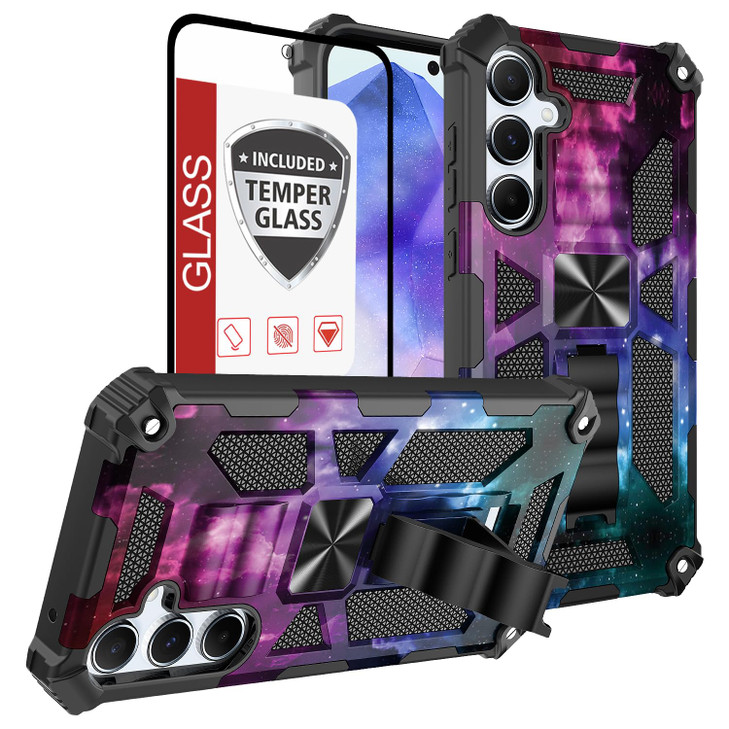 for Galaxy S24-FE Case,Samsung S24-FE 5G Case w/Tempered Glass Screen Protector(Full Coverage) [Full-Body][15FT Mil-Grade][Built-in Kickstand] Car Ma