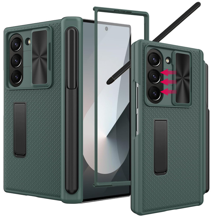 YQODSZ for Samsung Galaxy Z Fold 6 Case with S Pen Holder & Stylus, [Slide Camera Cover] Fold6 Pen Slot Case with Kickstand Hinge Protection Screen P