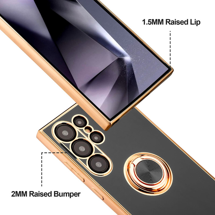 LHELIFE Shockproof Case for Samsung Galaxy S24 FE, with 360° Rotatable Ring Holder Magnetic Kickstand, Plating Rose Gold Edge Slim Soft Protective Co