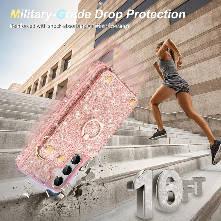 Fingic for Samsung Galaxy S24 Case Wallet[1*Screen Protector+1*Camera Protector][360°Ring Holder][5 Card Holder]Glitter Sparkle Kickstand RFID Blocki