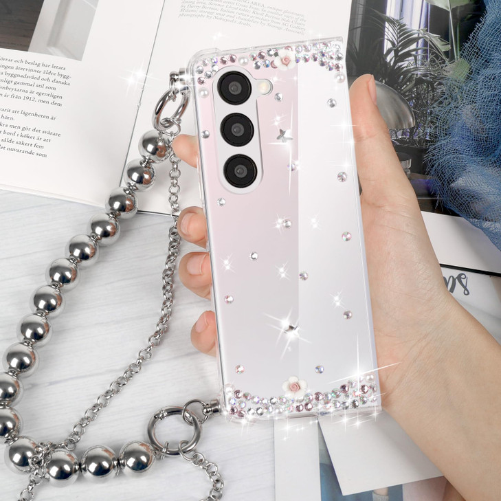 Omio Compatible with Samsung Galaxy Z Fold 6 5G Case with Crossbody Chain Strap Bracelet Cute 3D Handmade Sparkle Crystal Diamond Bling Glitter Hard