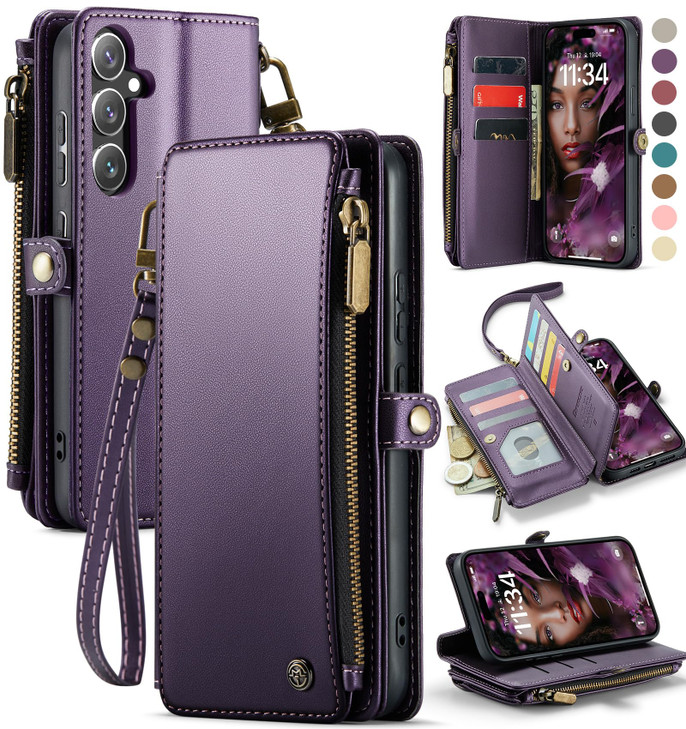 Defencase Compatible with Samsung Galaxy S24 FE Case Wallet with RFID Blocking Card Holder for Women Men, PU Leather Magnetic Snap Flip Zipper Strap