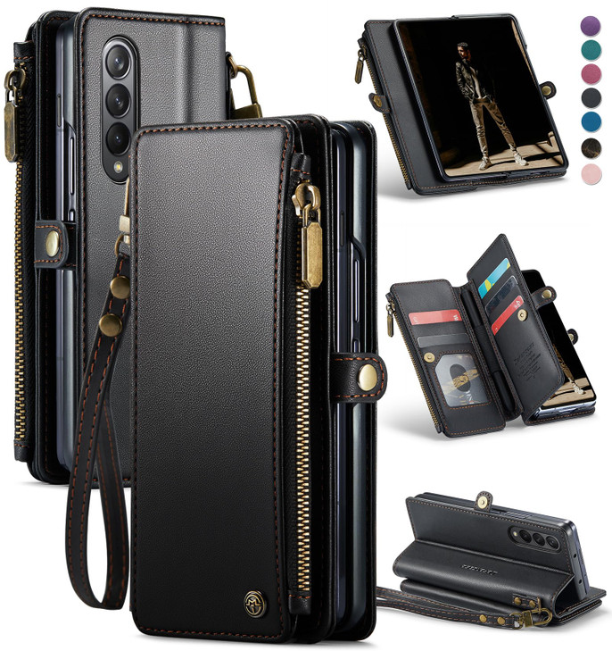 Defencase Wallet Case Compatible with Samsung Galaxy Z Fold 4 with RFID Blocking Card Holder & S Pen Holder Slot PU Leather Magnetic Snap Flip Zipper