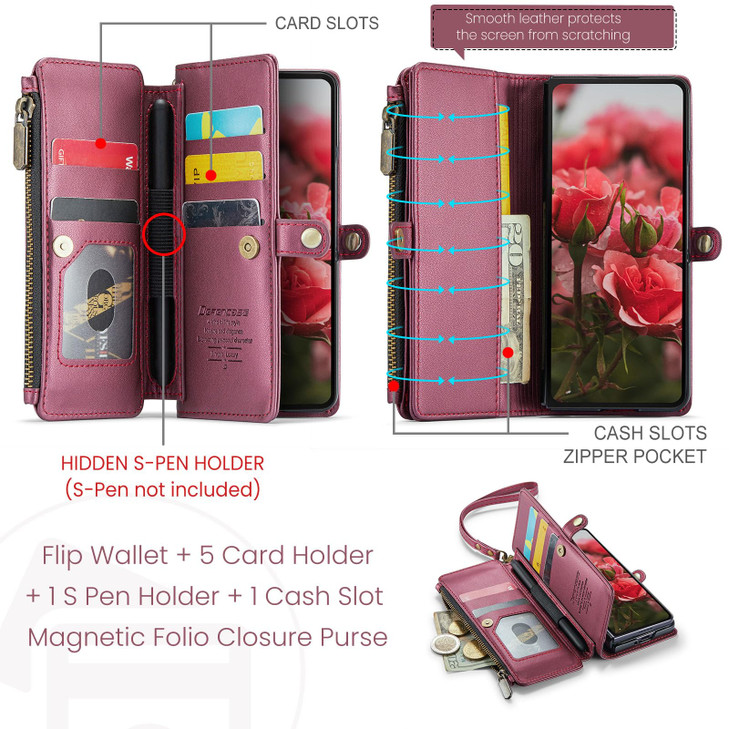 Defencase Wallet Case Compatible with Samsung Galaxy Z Fold 6 with RFID Blocking Card Holder & S Pen Holder Slot PU Leather Magnetic Snap Flip Zipper