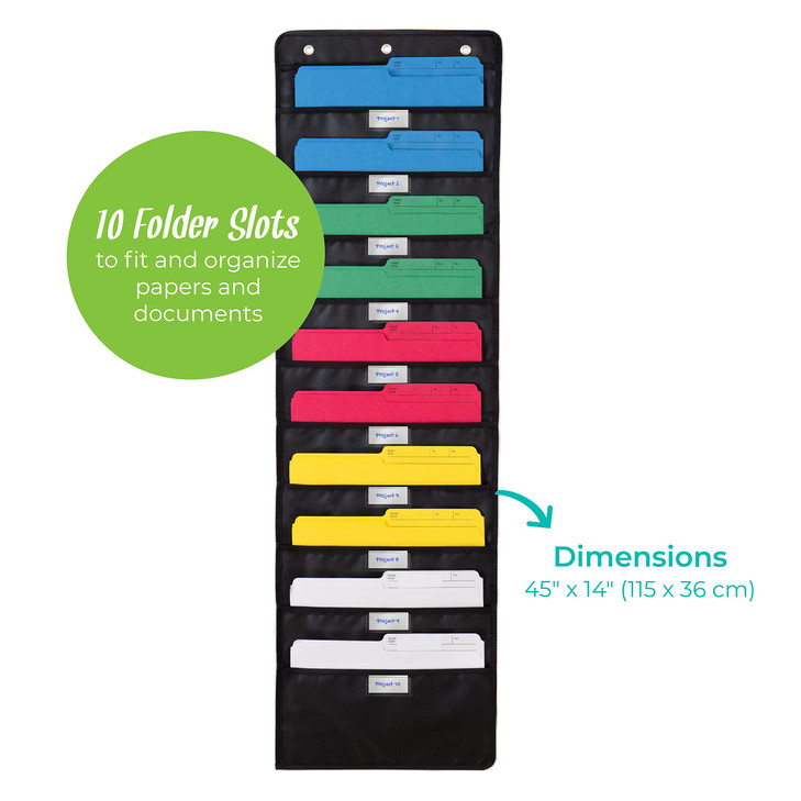 WallDeca Hanging File Organizer | Letter-Sized, Storage Pocket Chart for Office and School, Wall Mount Hanging File Holder (10 Pockets with Nametag)