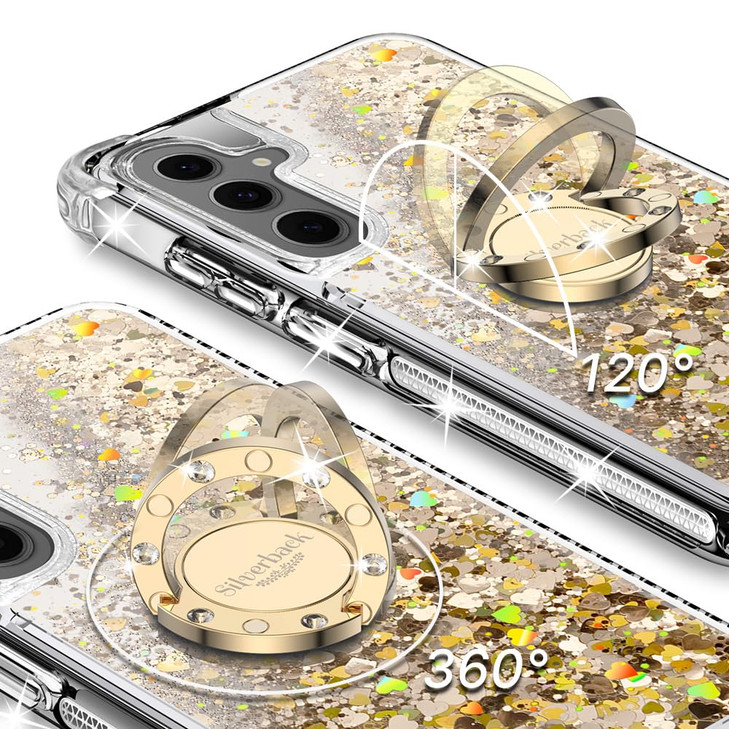 Silverback for Samsung Galaxy S24 FE Case, Moving Liquid Holographic Glitter Case with Ring Stand, Girls Women Bling Diamond Slim Protective Cover fo