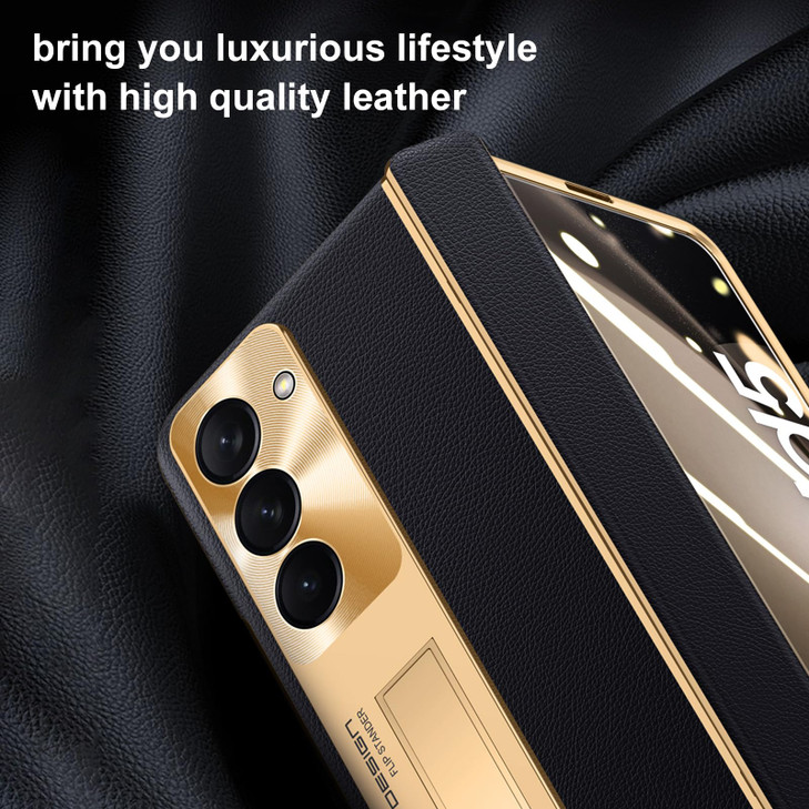 Libeagle for Samsung Galaxy Z Fold 5 Case, Electroplated Frame, Leather on Back & Hinge Protection, Screen Protector, Metal Stand, Camera Protection,