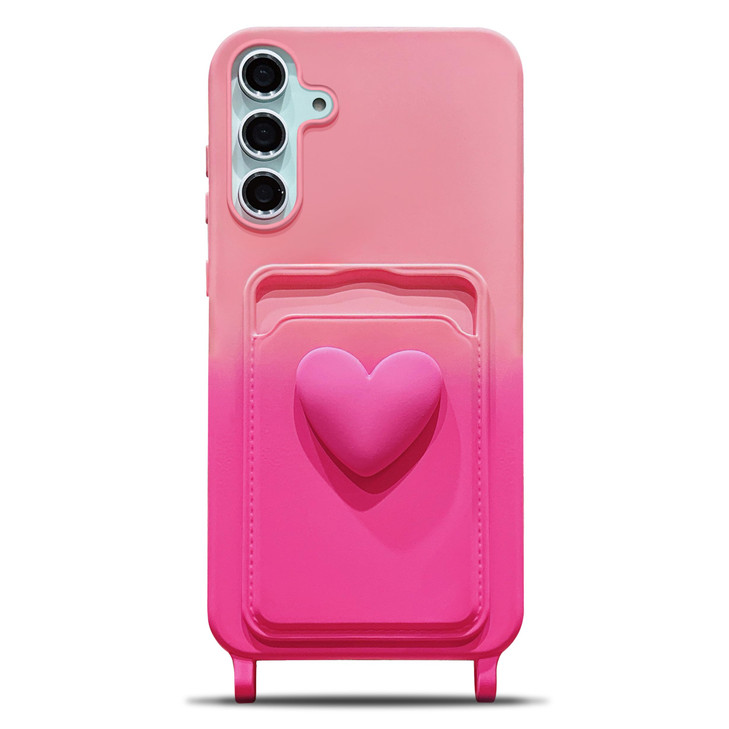 LYQZDT for Samsung Galaxy S24 FE Case 6.7" Cute Kawaii 3D Heart Card Holder Slot Wallet Pocket Gradient Color Shockproof Protective Bumper Soft Silic