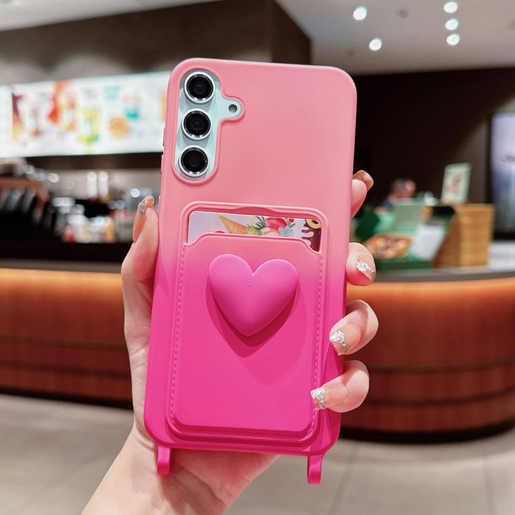 LYQZDT for Samsung Galaxy S24 FE Case 6.7" Cute Kawaii 3D Heart Card Holder Slot Wallet Pocket Gradient Color Shockproof Protective Bumper Soft Silic