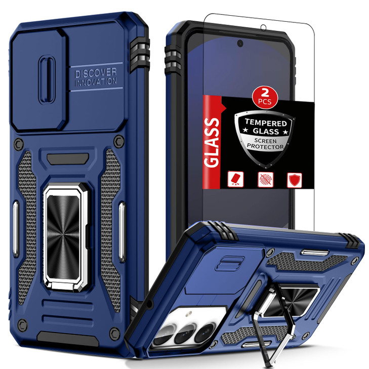 FRLMOOES for Samsung Galaxy S24 FE Case with 2 Screen Protectors,Built-in Slide Camera Cover,with 360°Stand Ring for S24FE Case Shockproof Anti-Scrat