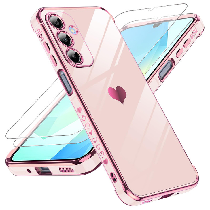 LeYi for Galaxy A16-5G Phone Case: Tempered Glass Screen Protector [2 Pcs]+ Full Camera Lens Protection,Love Heart Plating Luxury Shockproof Phone Ca