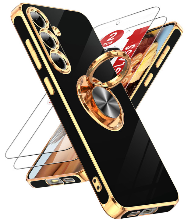 LeYi for Samsung Galaxy S24-FE Case: with 2 Pack Tempered Glass Screen Protector and 360° Rotatable Ring Holder Magnetic Kickstand, Plating Rose Gold