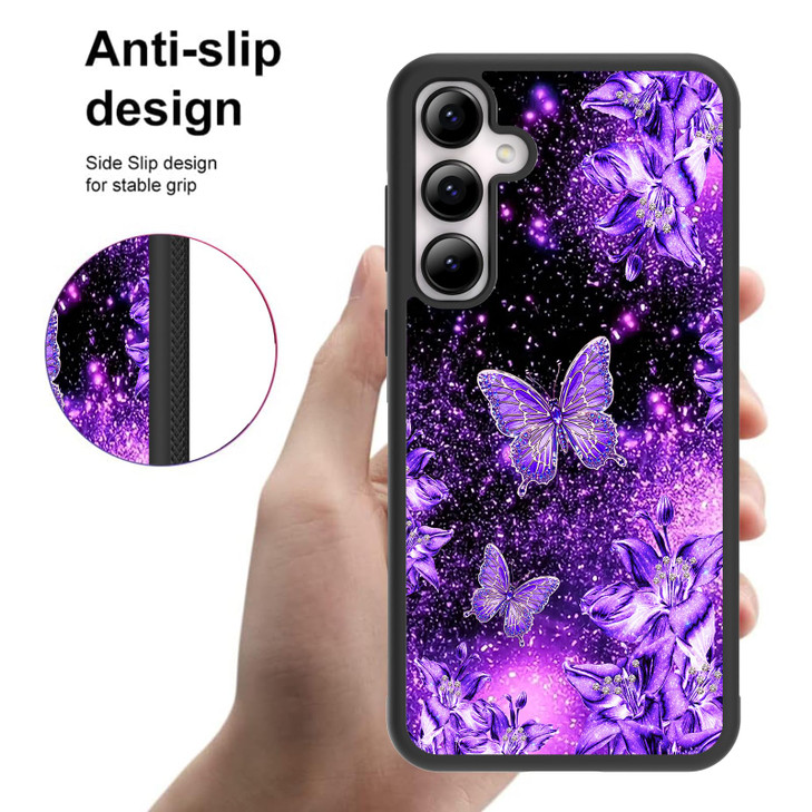 SAKUULO Compatible with Samsung Galaxy S24FE 5G Case, [Screen Protector + Kickstand] Purple Butterfly Purple Flowers Design,Tire Texture Anti-Slip Sh