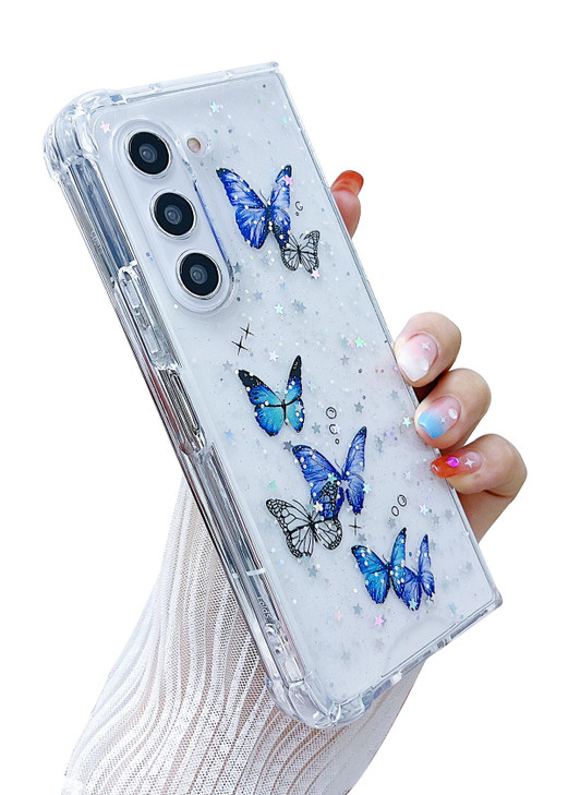 MUNDULEA Compatible with Samsung Galaxy Z Fold 5 Case Clear Cute Butterfly Purple Women Girly Sparkle Glitter Soft TPU + PC Shockproof Protective Pho
