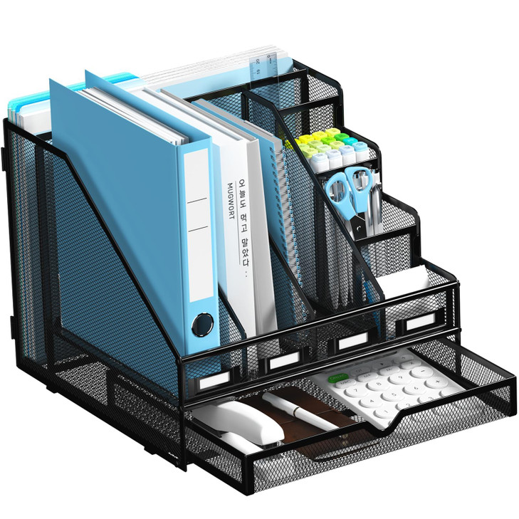 Sinboun Desk File Organizer, 4 Vertical Compartments Rack + 4 Pen Holders + Drawer File Organizer, Metal Desk Magazine Folder Holder for Office, Home