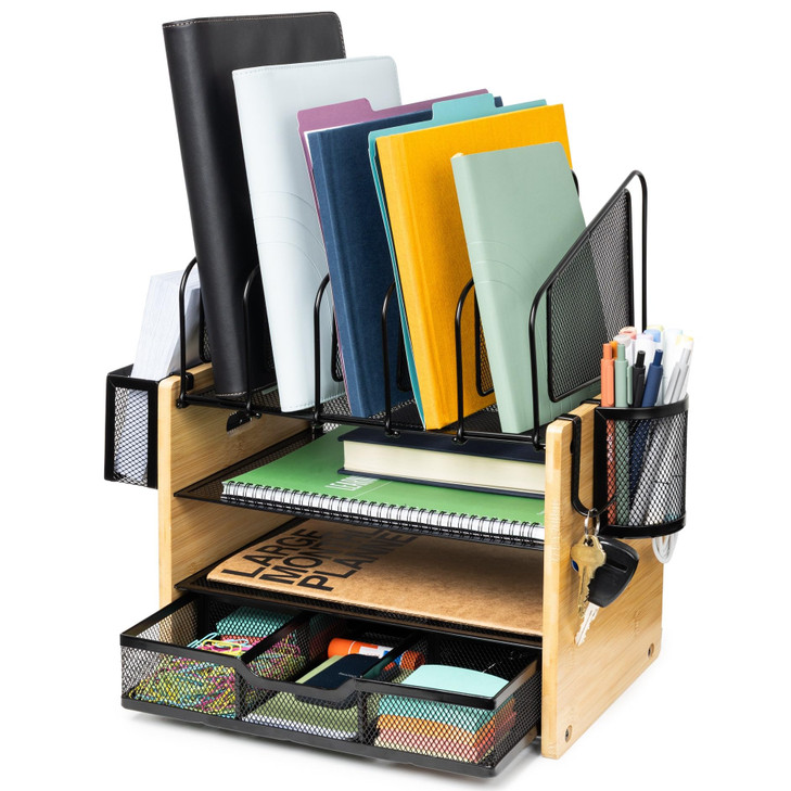 DeskEaze Heavy Duty Wooden Desk Organizer with Drawer - Wooden Desk Shelf for Storage & Organization - Office Tray for Files, Mail, and Supplies - Sm