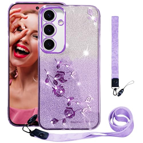 CCSmall Bling Case for Samsung Galaxy S24 FE with Crossbody Lanyard, Cute Sparkle Glitter Diamond Flower Shoulder Strap Wristband Protective Case Cov