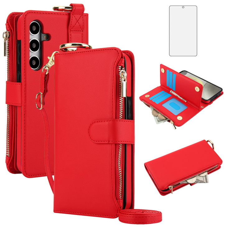 Asuwish Phone Case for Samsung Galaxy S24 FE 5G Zipper Wallet with Tempered Glass Screen Protector Crossbody Strap Card Holder RFID Blocking Stand Fl