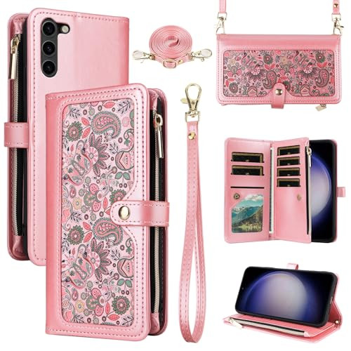 Dswteny for Samsung Galaxy Z Fold 6 5G 2024 Floral Wallet Case with Wrist Strap Shoulder Strap Zipper Purse, PU Leather Flip Credit Card Holder Stand