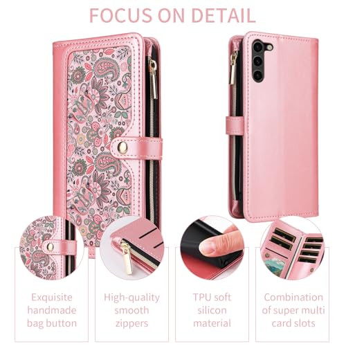 Dswteny for Samsung Galaxy Z Fold 6 5G 2024 Floral Wallet Case with Wrist Strap Shoulder Strap Zipper Purse, PU Leather Flip Credit Card Holder Stand