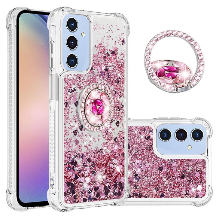 Eilkmcre for Samsung Galaxy A16 Case with Ring Kickstand, Clear Glitter Bling Sparkle Quicksand Flowing Liquid Soft TPU Shockproof Protective Phone C