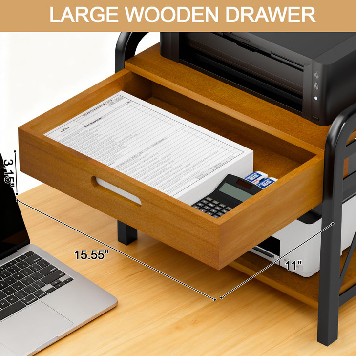 Printer Stand with Storage for Desk, 2 Tier Desktop Printer Table Shelf for Home Office with Wooden Storage Drawer, 15.67" Wide x 11.42" Deep, Multi-